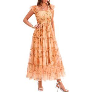 Women's Apricot Summer Tulle Midi Dress Sleeveless Smocked Dresses Party Wedding